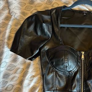 a tight, faux leather mini dress, S/M